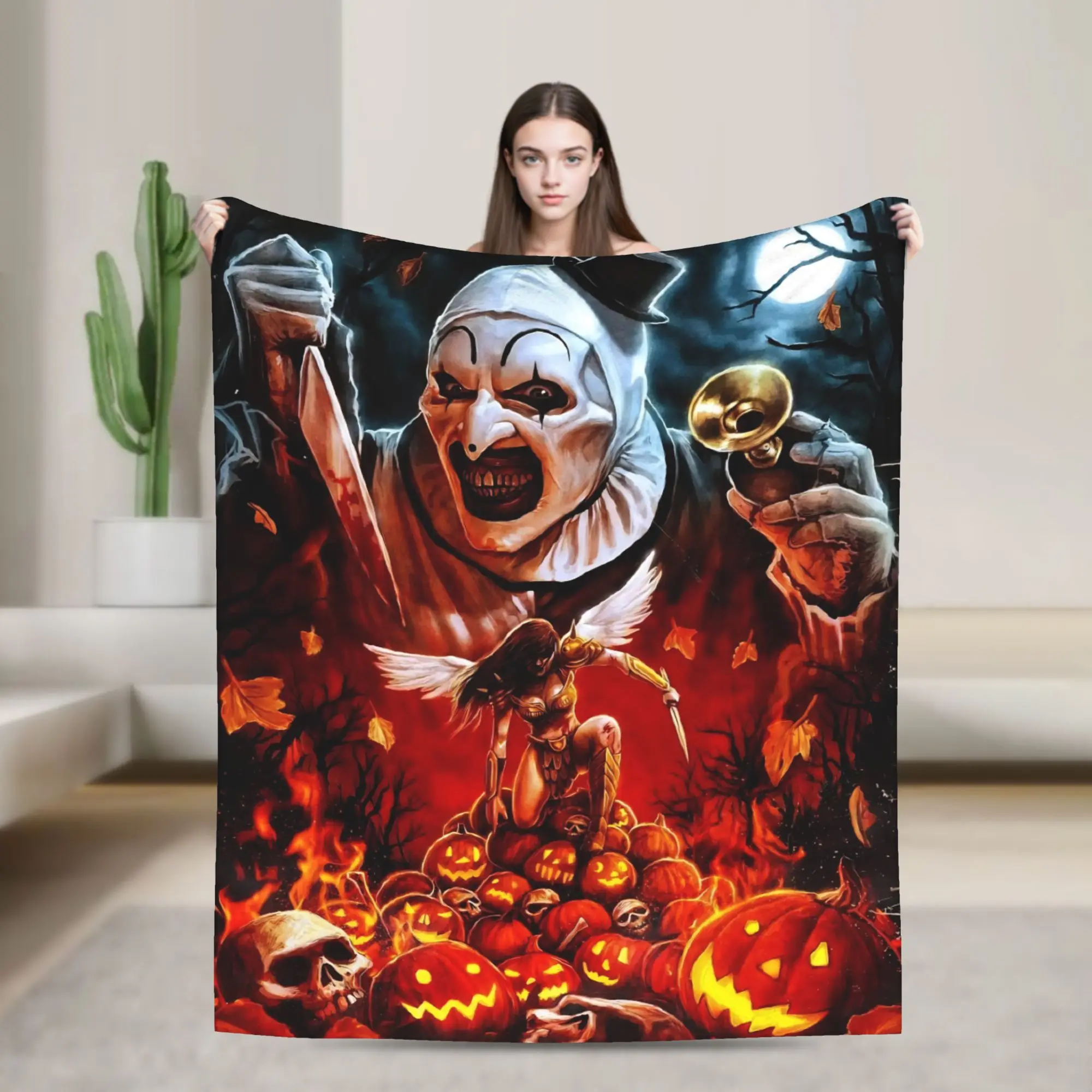 Terrifier Halloween Pumpkin Blankets Fleece Horror Movie Lightweight Throw Blanket for Bedroom Sofa Bedspread