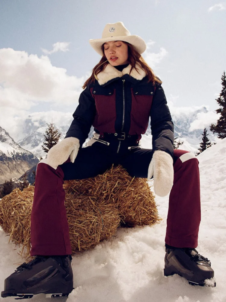 

Woman Fashion Color Blocked Zipper Ski Suit With Belt Chic Long Sleeved Long Pants Lapel Jumpsuit Trendy Winter Ski Sportswear