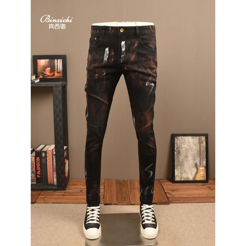 Retro vintage jeans heren zwarte modieuze trendy high-end straatpersoonlijkheid elastische kleine voet strakke broek