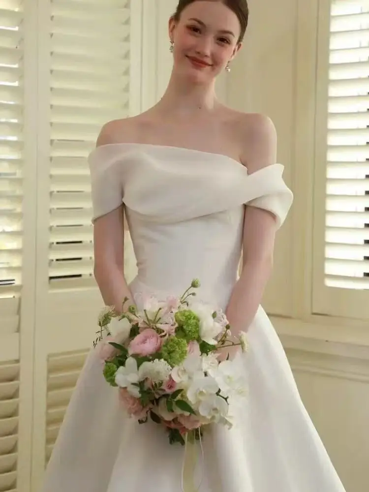 

Off-Shoulder Korea Ivory A-Line Backless Wedding Dresses 웨딩드레스 Organza Sleeveless Pretty Bride Gowns Plus Size Customized