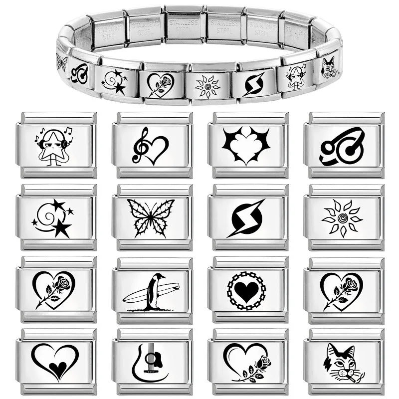 Laser Engraving Eyes Star Music Note Flowers Ball Sun Italian Charm Links Fit 9mm Bracelet Stainless Steel Women DIY Making Gift