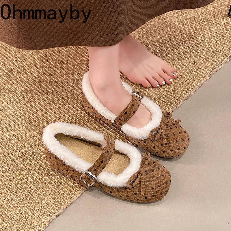 Internal Elevation Women Square Toe Mary Jane Shoes Polka Dot Strap Casual Flat Shoes Ladies Winter Warm Short Plush Dress Shoes - view 2