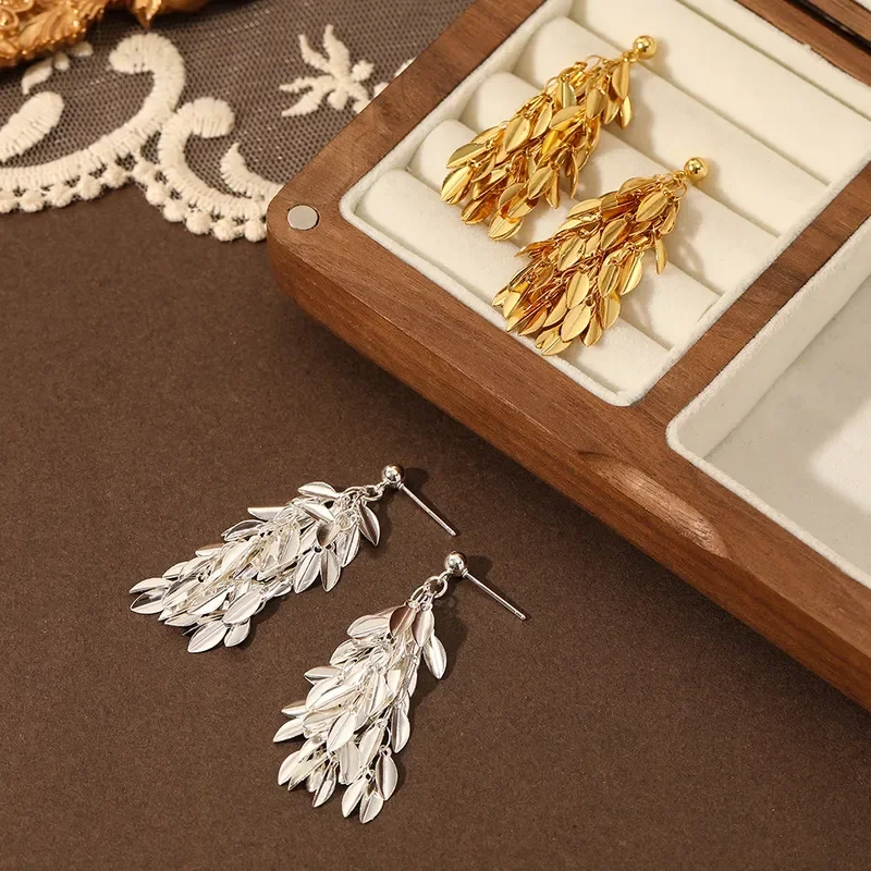 New Chinese Earrings Femininity Leaves Tassel Sparkling Cold Wind Niche Design Earrings Plants Flowers