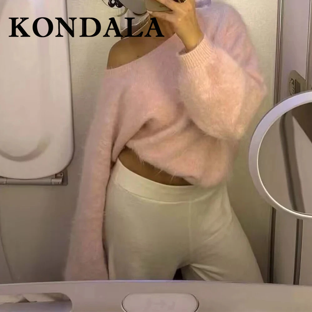 KONDALA Fashion 2025 Chic Autumn Elegant Vintage Knit Women Sweater Pullover Casual One-shoulder Pink Fall Loose Female Knitwear