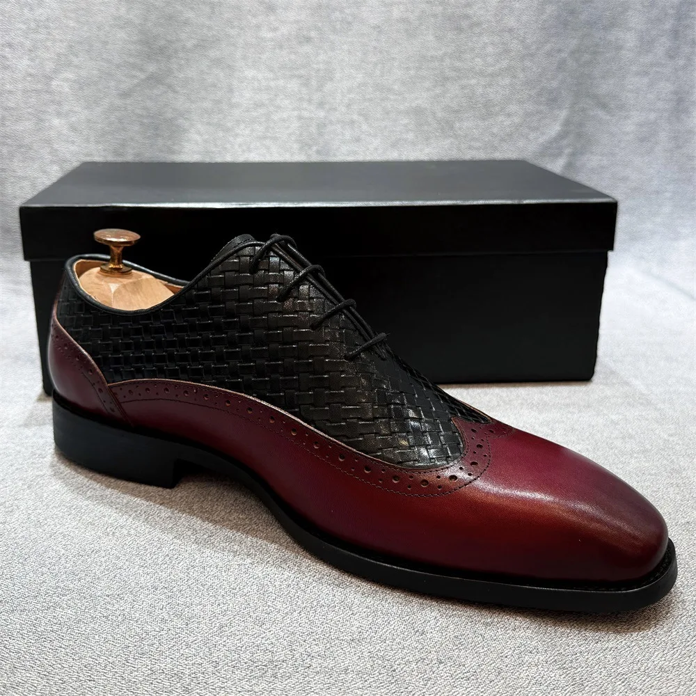 Men Fashion Classic Red Black Color Scheme Gentlemen's Oxford Shoes Genuine Leather Suede Woven Pattern Embossed Business Formal