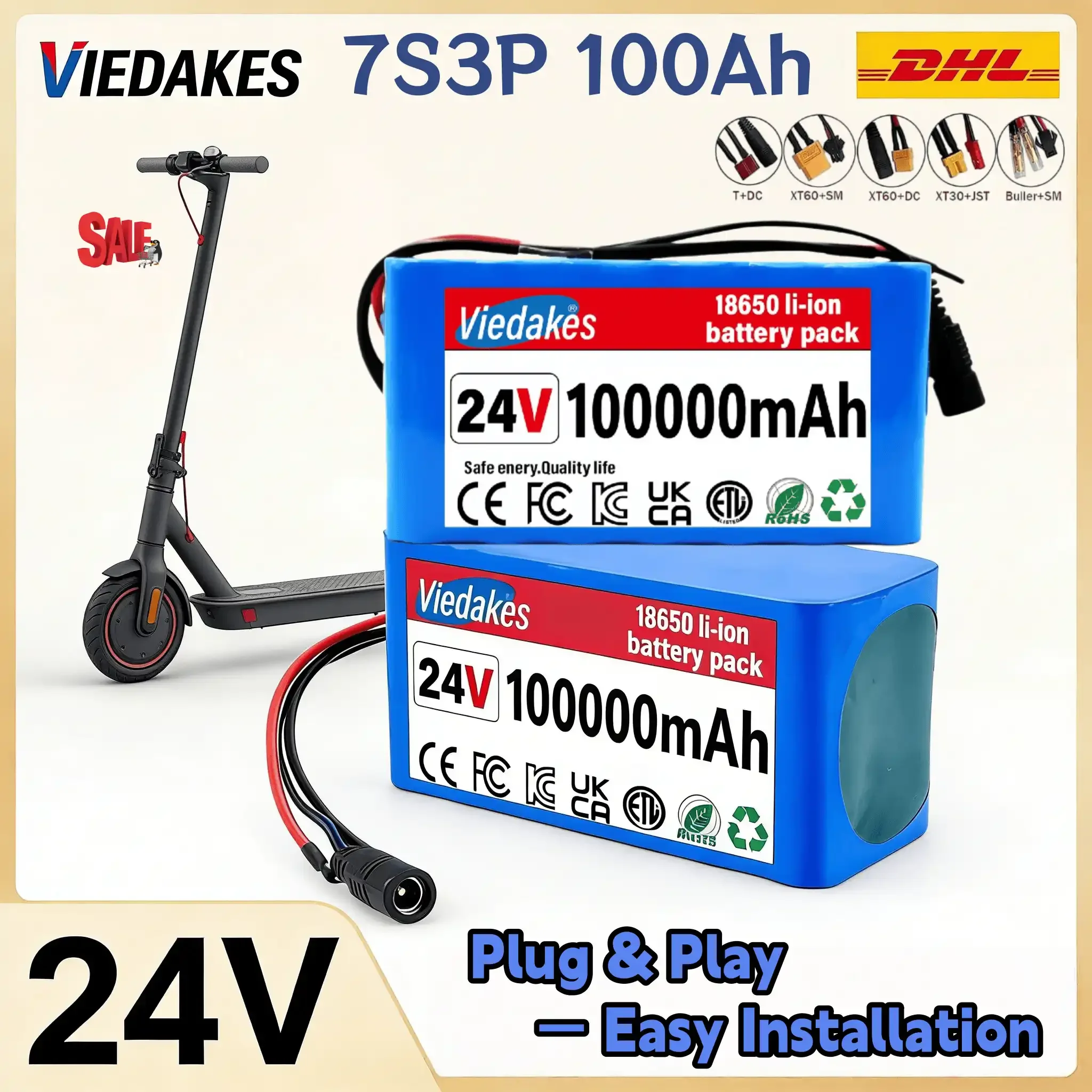 

VEDAKES 24V 7S3P 10Ah Li-ion Battery with Charger for Wheelchair and Small Machines