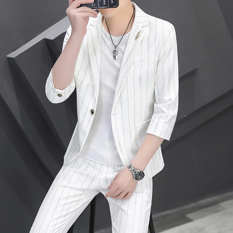 

Мужской летний костюм Slim Fit в корейском стиле, повседневный, из двух частей, модный, для делового и повседневного образа, из полиэфирного волокна