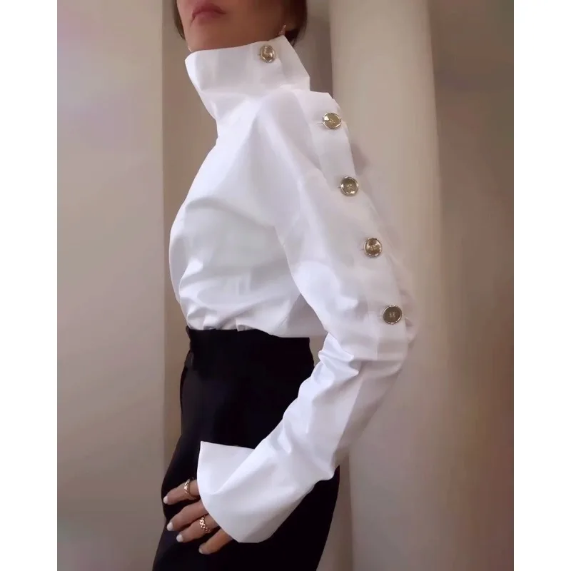 One Shoulder Temperament Fitted Shirt High Collar Metal Button Off The Shoulder Women's Shirt Fashionable Top Irregular Shirt