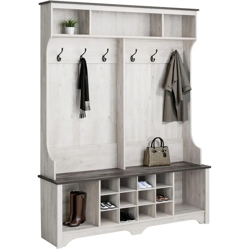 White 12-Cubby Shoe Cabinet with 2 Boot Spaces and 6 Coat Hooks, 15.5D x 60W x 77H