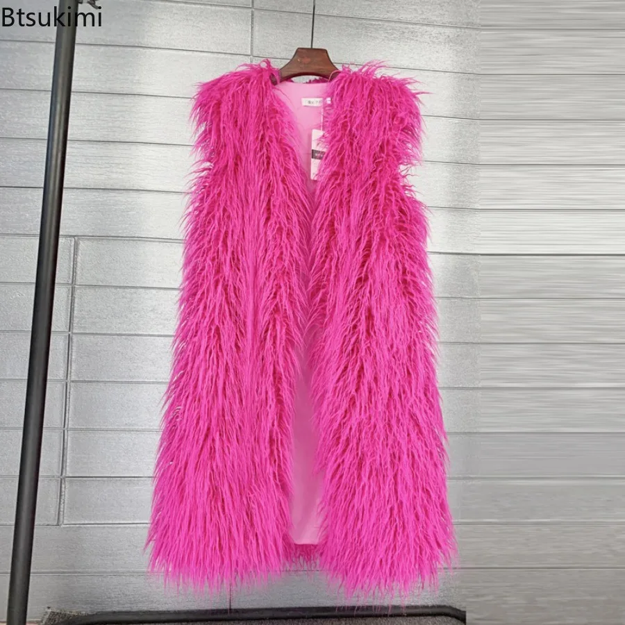 Mongolia Sheep Fur Women Long Vest Colorful Warm Faux Fur Sleeveless Jacket High Street Plush Coats Woman Winter Furry Outerwear