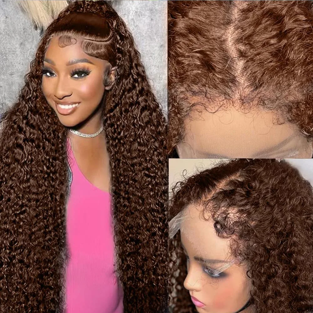 HD 13x6 Kinky Curly Wigs Chocolate Brown Lace Front Human Hair Wigs Pre Plucked Colored Deep Wave Transparent Lace Frontal Wig