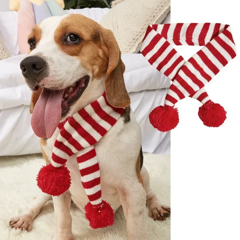 Christmas Dog Scarf Knitted Elk Scarf Striped Hair Ball Pet Scarf Cat Scarf Dog Scarf Pet Christmas Supplies Dog Accessories