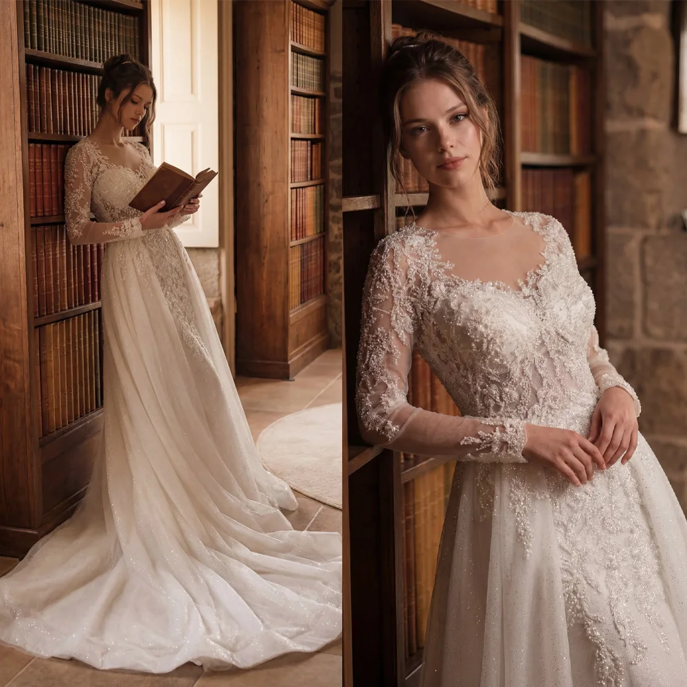 Fashion A Line Wedding Dresses Designer O-neck Appliques Satin Pleats Sleeves Court Gown Bridal Custom Made Robe De Mariée