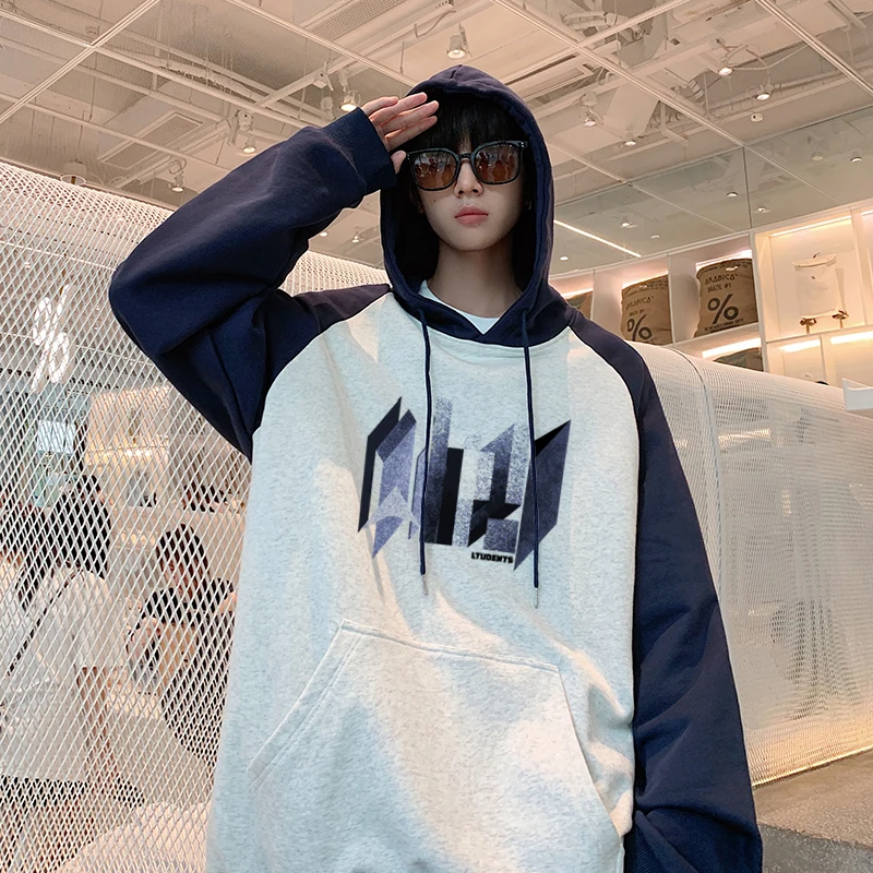 Korean New style Trendy Pocket Graphic Long Slevee Patchwork Men Hoodies Oversized Causual Sweatshirts Student Streetwear