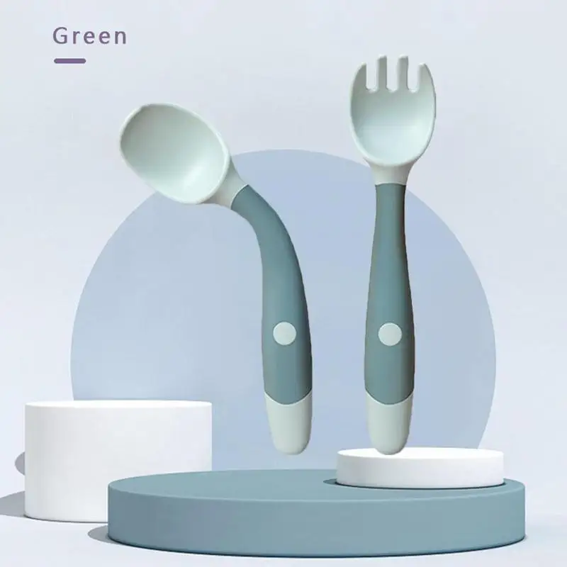 Kids Utensils Silicone Bendable Kids Feeding Spoons And Forks Children Cutlery With Round Handle Complementary Food Eating