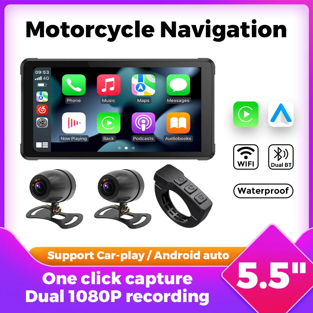 

5.5inch 1080P Portable Motorcycle LCD Display GPS Navigation IP67 Waterproof Wireless Carplay Android Auto Moto Dash Cam Monitor
