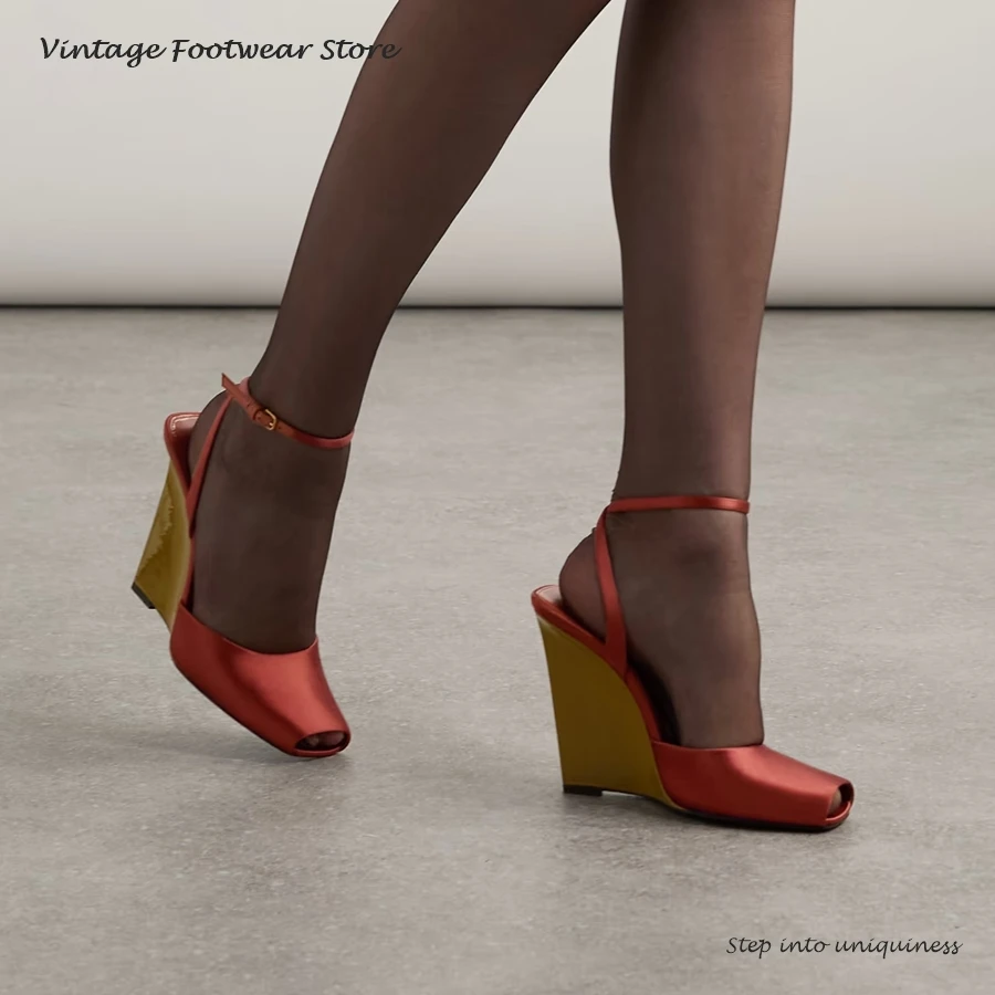 

Vintage Patent-leather Wedge Modern Sandals Women's Peep Toe Ankle Strap High Heels Summer Fashion Buckle Strap Sexy Party Shoes