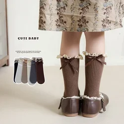 Princess Cute Young Kids Sock for Girl Retro Lace Ruffle Bow Calf Sock for Children Spring Autumn Soft Cotton Pile School Sock