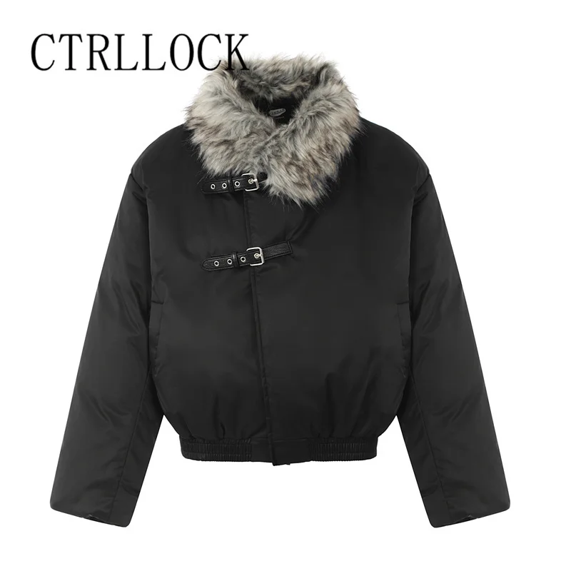 Punk Streetwear Winter Vibe Style Buckle Strap Women Long Sleeve Fuzzy Stand Collar Cotton Jacket