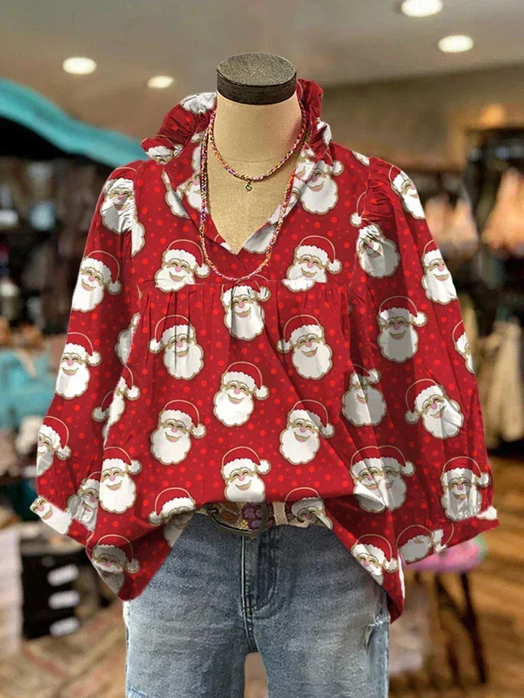 Santa Mixed Graphic Print Pleated Puff Sleeve Top Casual Christmas Cartoon Blouses
