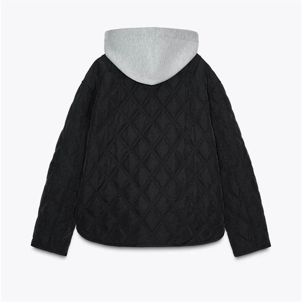 Chaqueta de algodón de manga larga con cuello redondo y capucha desmontable, versátil e informal para mujer