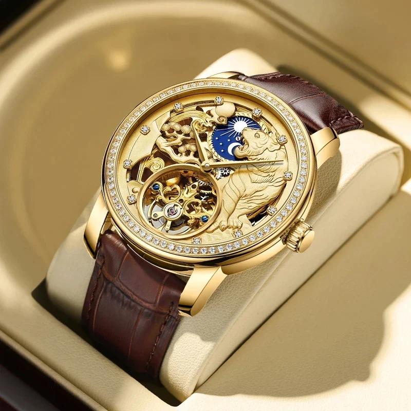 AILANG Golden Tiger Men's Automatic Mechanical Watch, Classic Diamond Inlaid Luxury Wristwatch New Fashion Watch