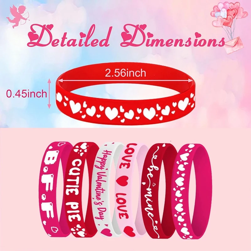 24 ชิ้นวันวาเลนไทน์โปรดปรานสร้อยข้อมือซิลิโคนสีชมพูสีแดงหัวใจรักสายรัดข้อมือสําหรับผู้ใหญ่พรรคของขวัญ (6 แบบ)