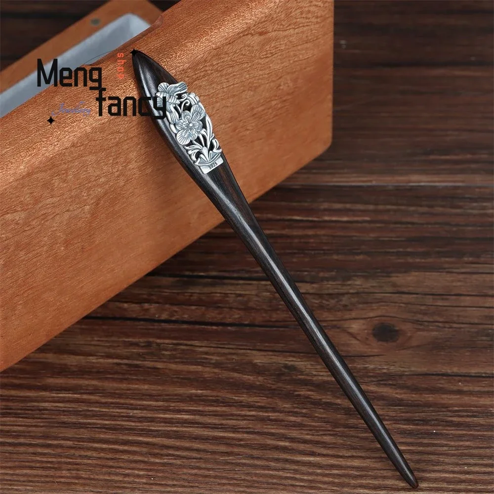 

S925 Sterling Silver Ebony Hairpin Female Butterfly Lotus Retro Elegant Headgear Exquisite Luxury Fashion Jewelry Holiday Gifts