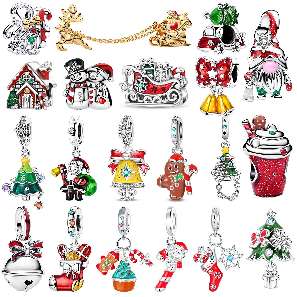 925 Silver Christmas Charms Santa Snowman Reindeer Sleigh Bell Gingerbread Man Tree Stocking Beads Pendant Fit Bracelet Jewelry