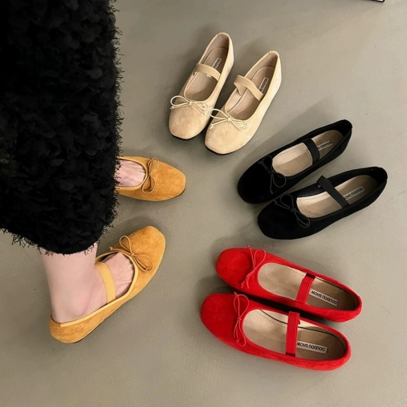 

2025 Large Size Flat Bottom Single Shoes for Women Butterfly Knot French Style Evening Square Head Casual Shoes