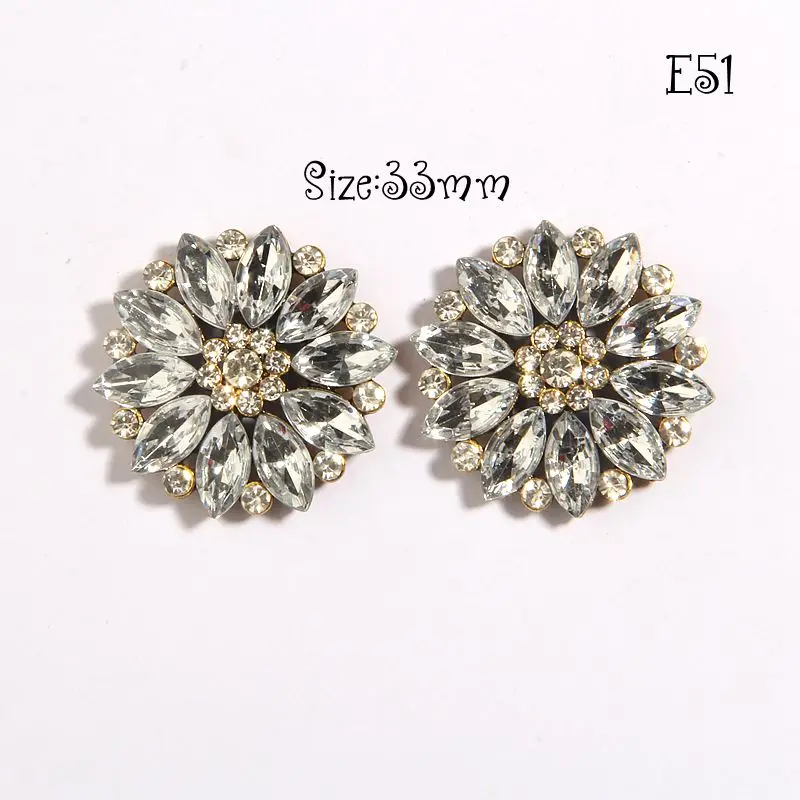 2Pcs 33mm Gold Crystal Metal Rhinestone Buttons Appliques Embellishment Flatback For Wedding Bouquet Shoe Bag Cloth Decoration