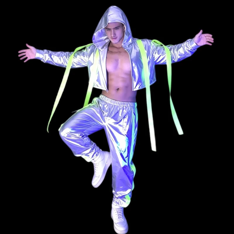 

Fluorescent Silver Bandage Hooded Jacket Pants 2 Piece Set Bar Male Team Dancer Singer Hip Hop Rock Stage Street Dance Costume
