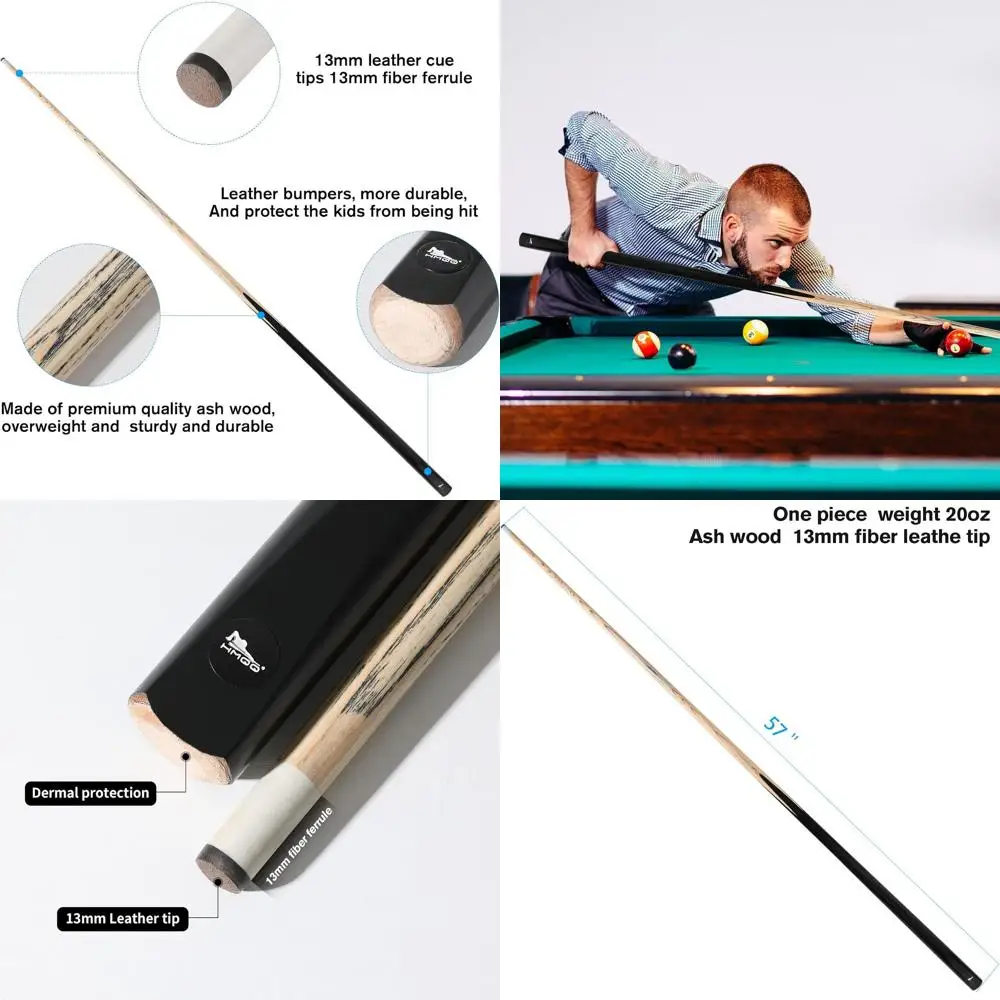 

One Piece 58 Pool Cue with 13mm Tip, 20oz Weight, Set Options: 4, 6, or 8 Cues in Black & Natural Wood