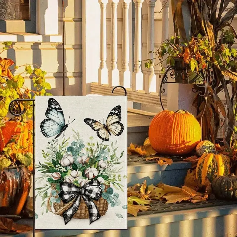Garden Flag 12x18 Inch Farmhouse Cotton Wreath Butterfly Outdoor Flag Double Sided, Rustic Spring Yard Decoration Polyester  llp