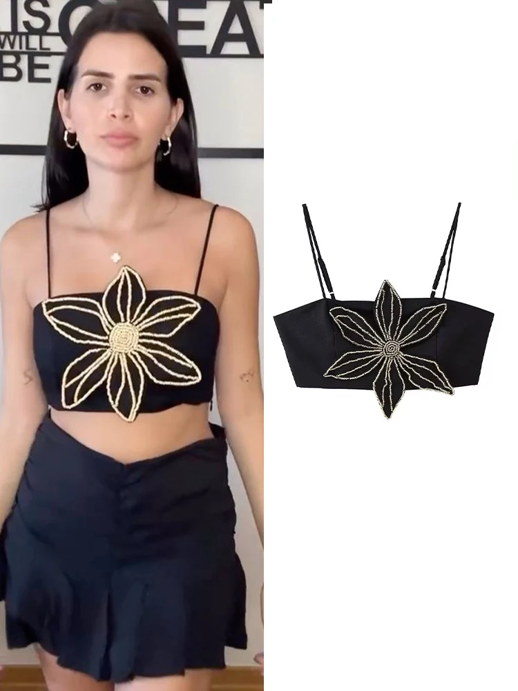 TRAFZA 2024 Elegant Woman Streetwear Style Crop Top Women Sexy Sleeveless Backless String Beads Flower Decorate Chic Mini Top