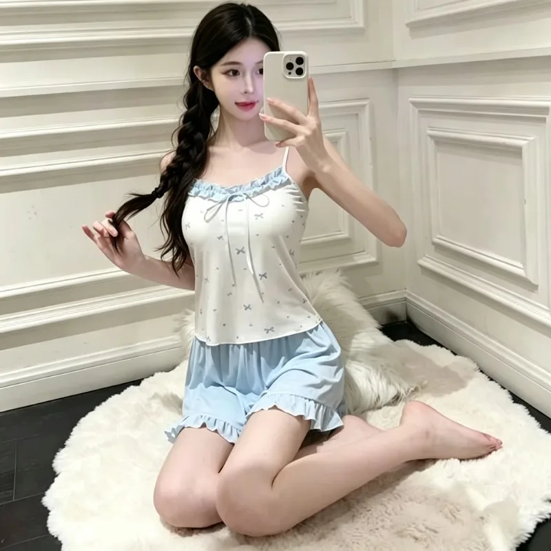 Pajama Set Cute Sweet Women Summer New Camisole Women's Pajama Set Ruffle with Chest Pad Ladies Casual Sleepwear Loungewear - view 5