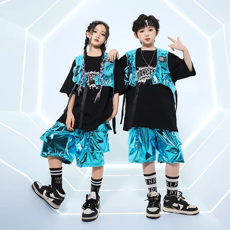 Hip hop meninos camiseta de couro do plutônio brilhante carga shorts meninas legal colheita topo streetwear crianças trajes dança rua criança jazz roupas