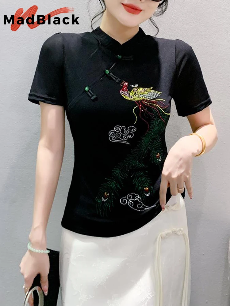 

MadBlack Chinese Clothes Tshirts Women Sexy Stand Collar Hot Drill Peacock Slim Mesh Tops Short Sleeve Tee Summer T45713JP