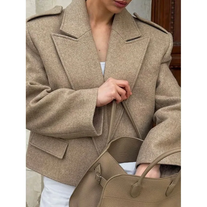 

Spring Pure Color Women's Woolen Coat High-End Feeling Faiona Cleanfit Sle Non-Sinking A-Line Sve Poly Fabric