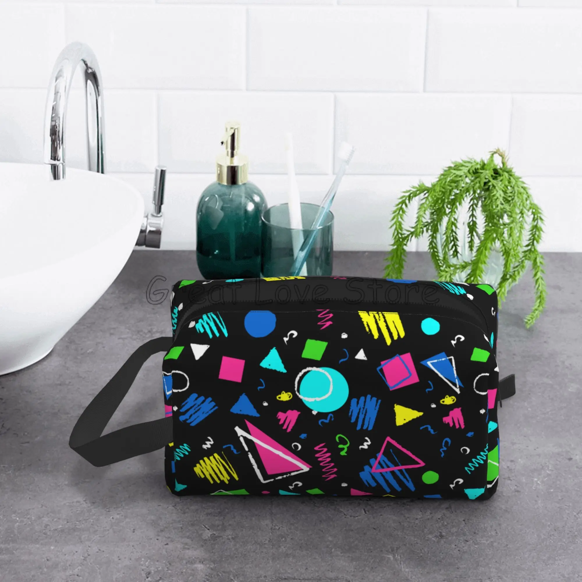 الرجعية 80s 90s الرموز هندسية طباعة حقيبة مستحضرات تجميل السفر حقيبة مستحضرات التجميل المحمولة حقيبة أدوات الزينة المنظم الحقيبة مع سحاب ومقبض