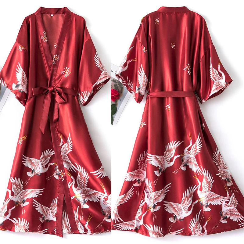 Print Crane Long Wedding Robe Nightgown Female Half Sleeve Kimono Bathrobe Gown Sleepwear Loose Silk Satin Home Wear Nightdress