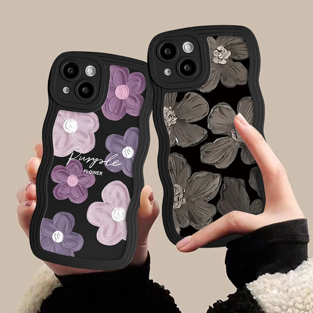 Oil Painting Flower Phone Case For iPhone 14 13 11 12 Pro Max 14 Plus Xr Xs Max 7 8 Plus SE 2020 2022 Case Cute Wave Edge Cover