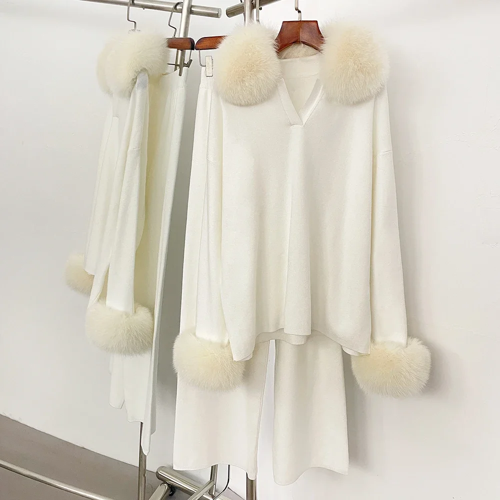 เสื้อแจ็คเก็ตขนสัตว์แท้ คอปกขนจิ้งจอกแท้ ชุดเสื้อสเวตเตอร์ผู้หญิงสำหรับฤดูใบไม้ร่วงและฤดูหนาว ชุดเสื้อสเวตเตอร์ขนแรคคูนพร้อมกางเกงขายาวสำหรับผู้หญิง