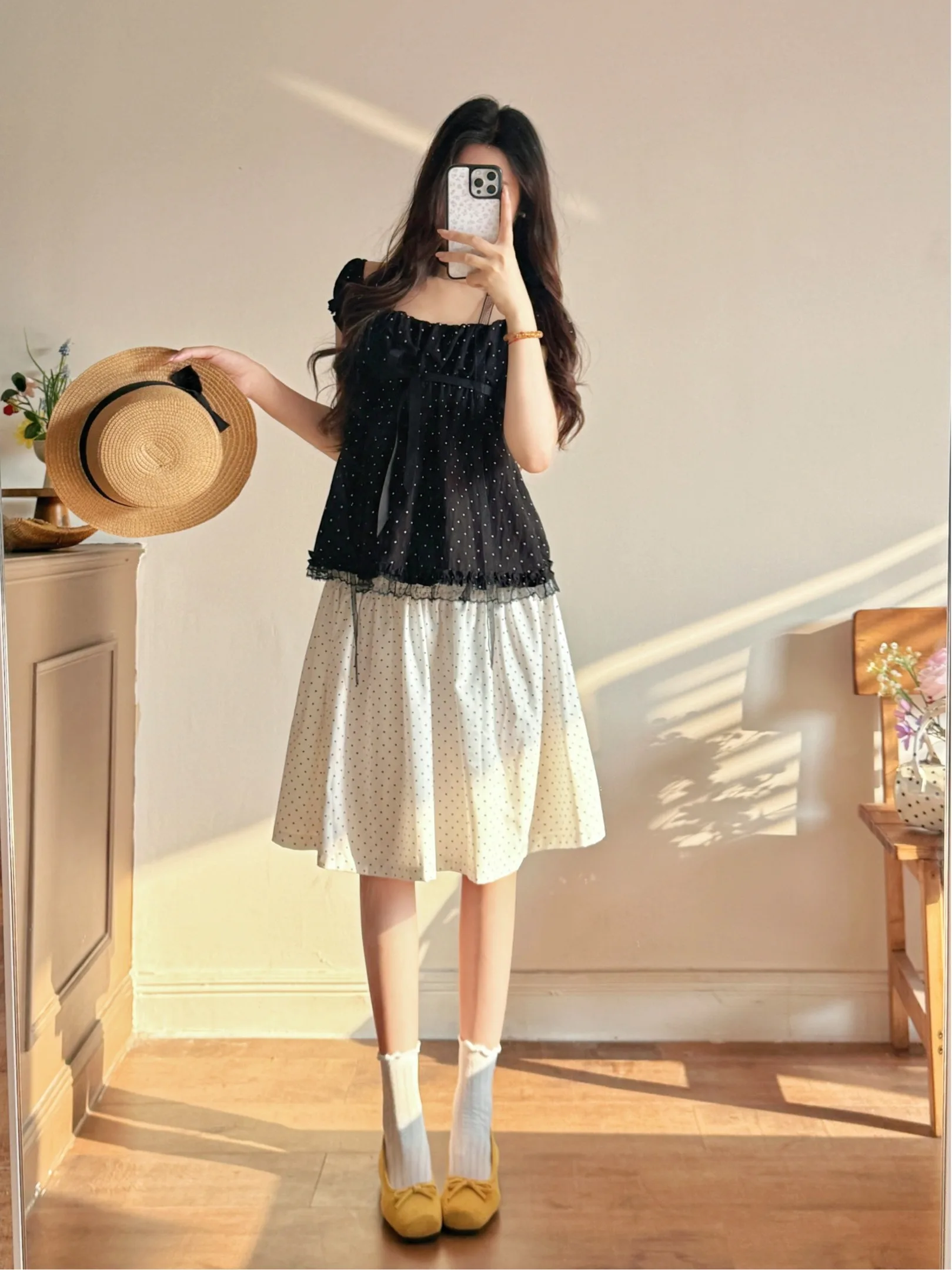 

plus Size Fashionable Set Summer 2026 Design Square Collar Bubble Sleeve Top Vintage Polka Dot Half Skirt Korean Style Commute