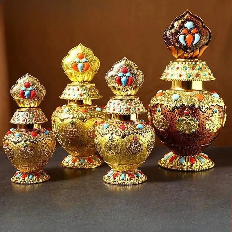 Tibetan Buddhist Treasure Vase Ornament Inlaid Color Stones Alloy Auspicious Bottle Statue Altar Worship Decor Meditation Room