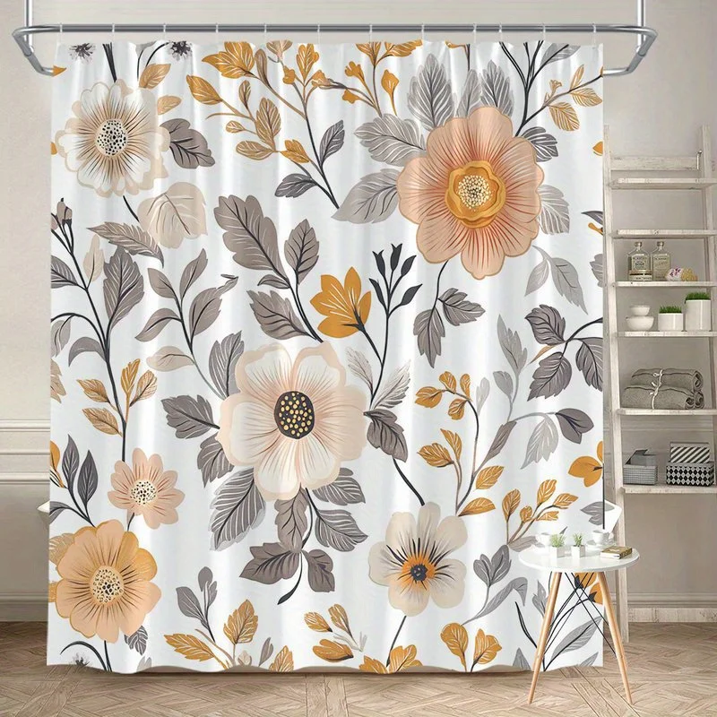 

1 шт., бежевая и желтая занавеска для душа с цветочным узором, полиэфирная ткань, можно стирать в машине, подходит для украшения ванной комнаты