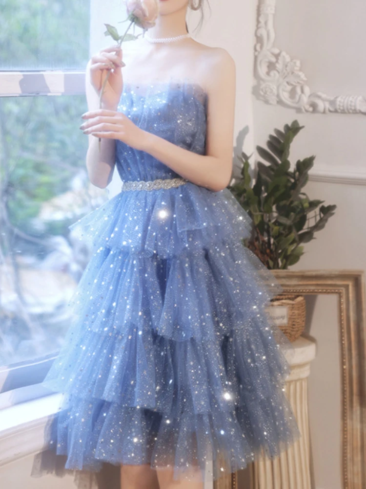 

Elegant Luxury Off Shoulder Slim Prom Dresses Exquisite Sequin Design Mid-length Mesh Tiered Gown Niche Belt Temperament Dress