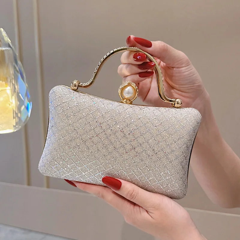 New Glitter dinner handbag bridal small square bag shape pearl metal buckle wedding banquet party