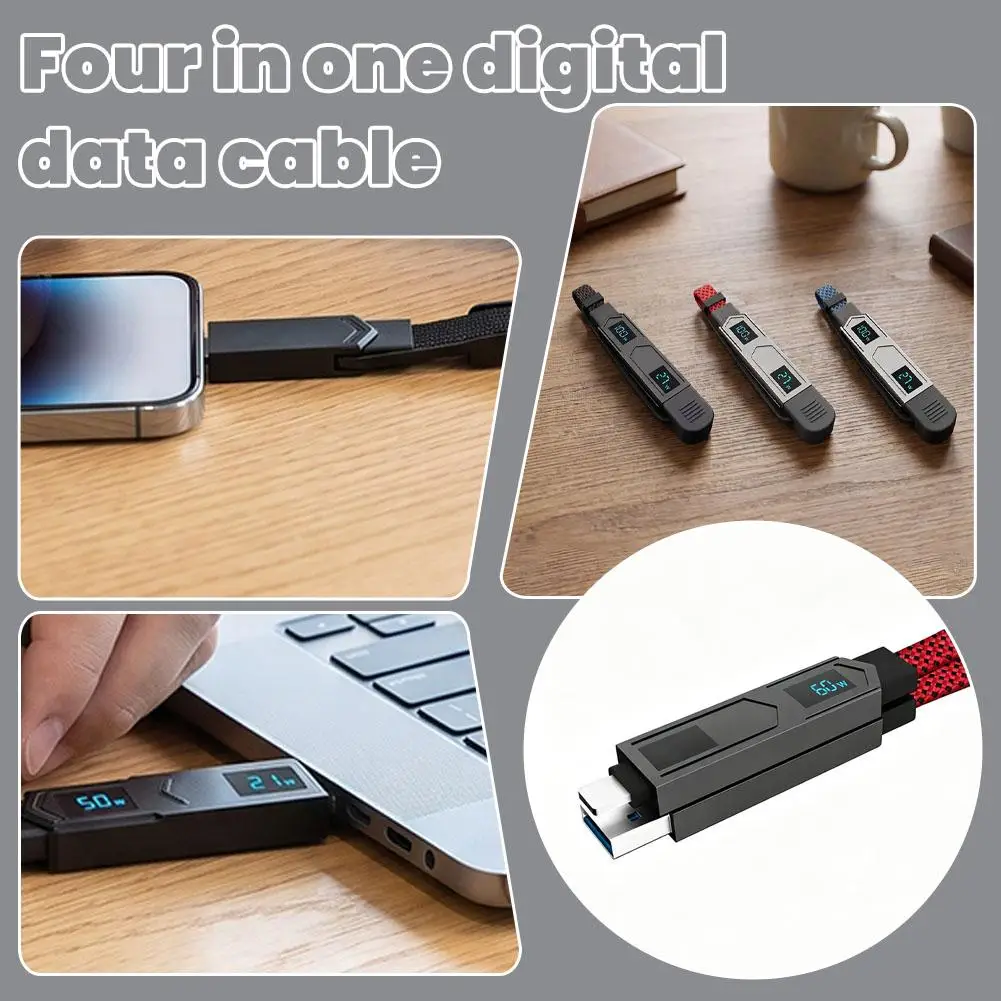 100W Digital Display 4-in-1 Wire Charging Power Monitor Multi Interface PD Fast Charging   Data Transfer Cable Charger Cord
