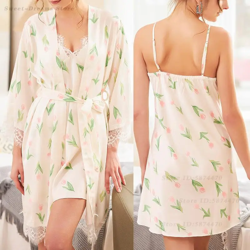 

Sexy Lace Edge Nighty&Robe Set Kimono Bathrobe Gown V-Neck Nightwear Women Satin Homewear Strap Nightgown Soft Print Sleepwear